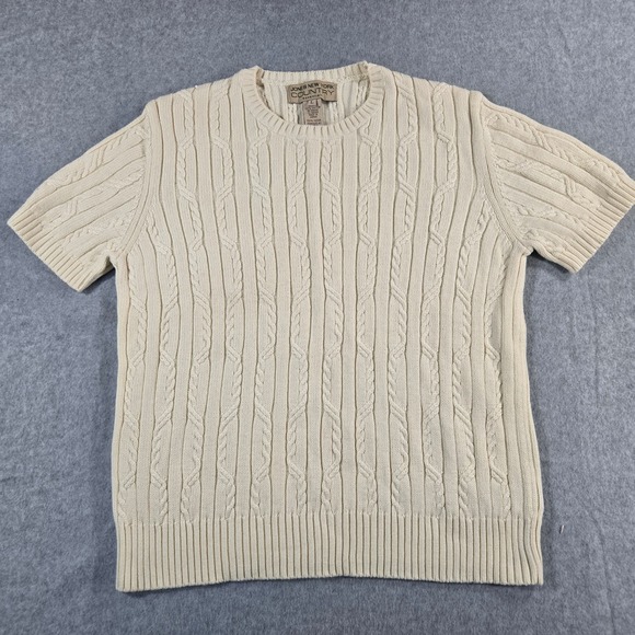 Jones New York Country Sweaters - Jones New York Country Cream Cable Knit Short Sleeve Cotton Sweater Large